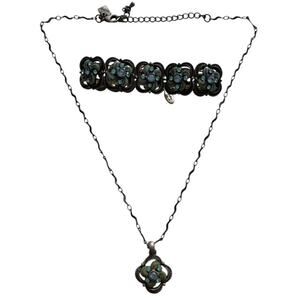 Cookie Lee Flower Necklace Bracelet Set Rhinestone Blue Green Enamel